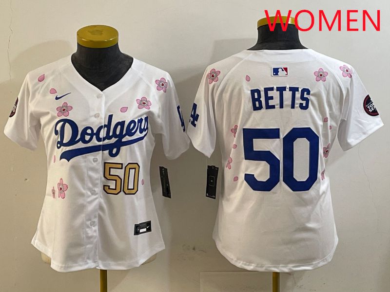 Women Los Angeles Dodgers #50 Betts White Sakura Edition 2025 Nike MLB Jersey style 3